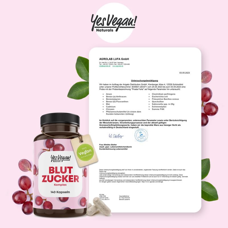 Complejo de azúcar en la sangre - 140 cápsulas de azúcar en la sangre - micronutrientes a medida especialmente adecuados para diabéticos - con extracto de semilla de uva OPC. Cromo. Magnesio - vegano