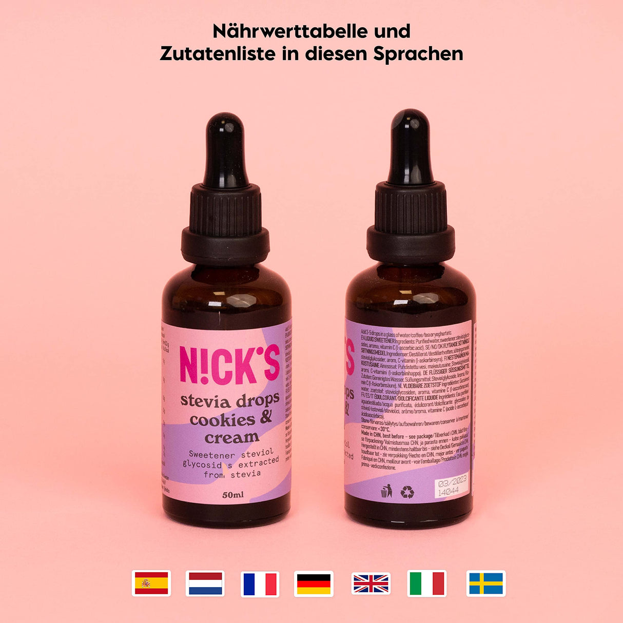 Nicks Stevia Liquid Coakies & Cream Flavor Drops (50 ml) Keto Sockerfritt bords sötningsmedel utan kalorier, lågkolhydrat sockerersättning, sötningsmedel, flytande sötningsmedel, alternativ till socker, sötningsmedel med pipett