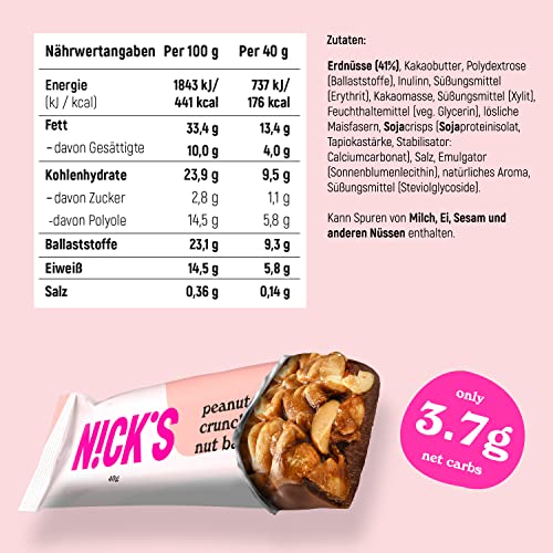 Nicks Keto Bar Crunch di mandorle, barre di mandorle al cioccolato vegano, 173 calorie, 2,8 carboidrati netti, senza zucchero aggiunto, glutine senza glutine, dolci a basso contenuto di carboidrati (12x40g)