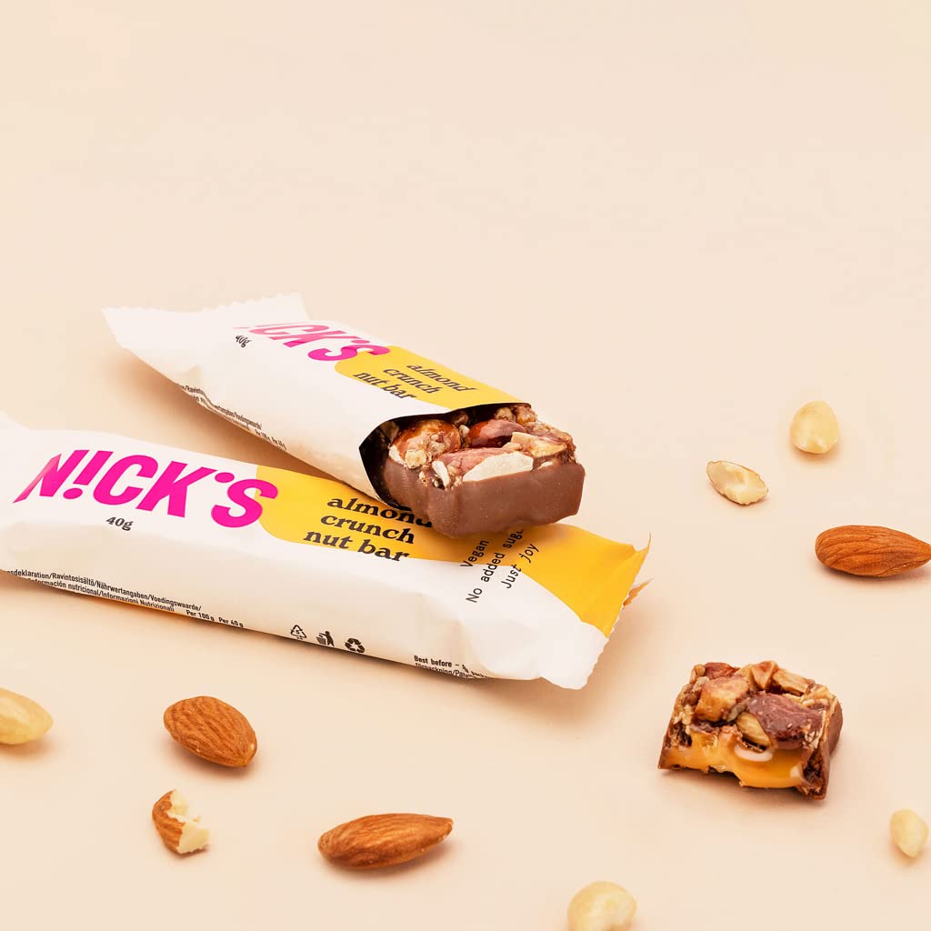 Nicks Keto Bar Crunch di mandorle, barre di mandorle al cioccolato vegano, 173 calorie, 2,8 carboidrati netti, senza zucchero aggiunto, glutine senza glutine, dolci a basso contenuto di carboidrati (12x40g)