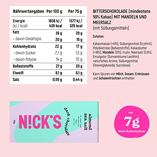 Barele de ciocolată Nicks se amestecă fără zahăr adăugat, fără gluten, carbohidrați scăzute, fără ulei de palmier, ciocolată keto (3x75g)