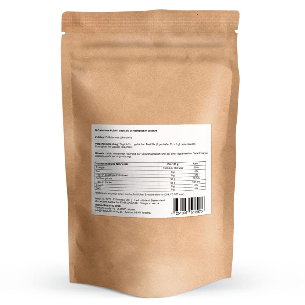 D -Galactose Powder 300 G - "Slimhindesukker" - Fra plantefermentering - Vegansk - Ideel til diabetikere - Højest mulig kvalitet og renhed (99%) - Uden tilsætningsstoffer