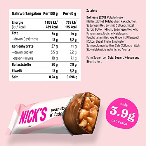 NICKS Keto Bars Peanuts n fudge, chocolate peanuts caramel snacks, 175 calories, 3.9 net carbs, no added sugar, gluten free, low carb sweets (15x40g)