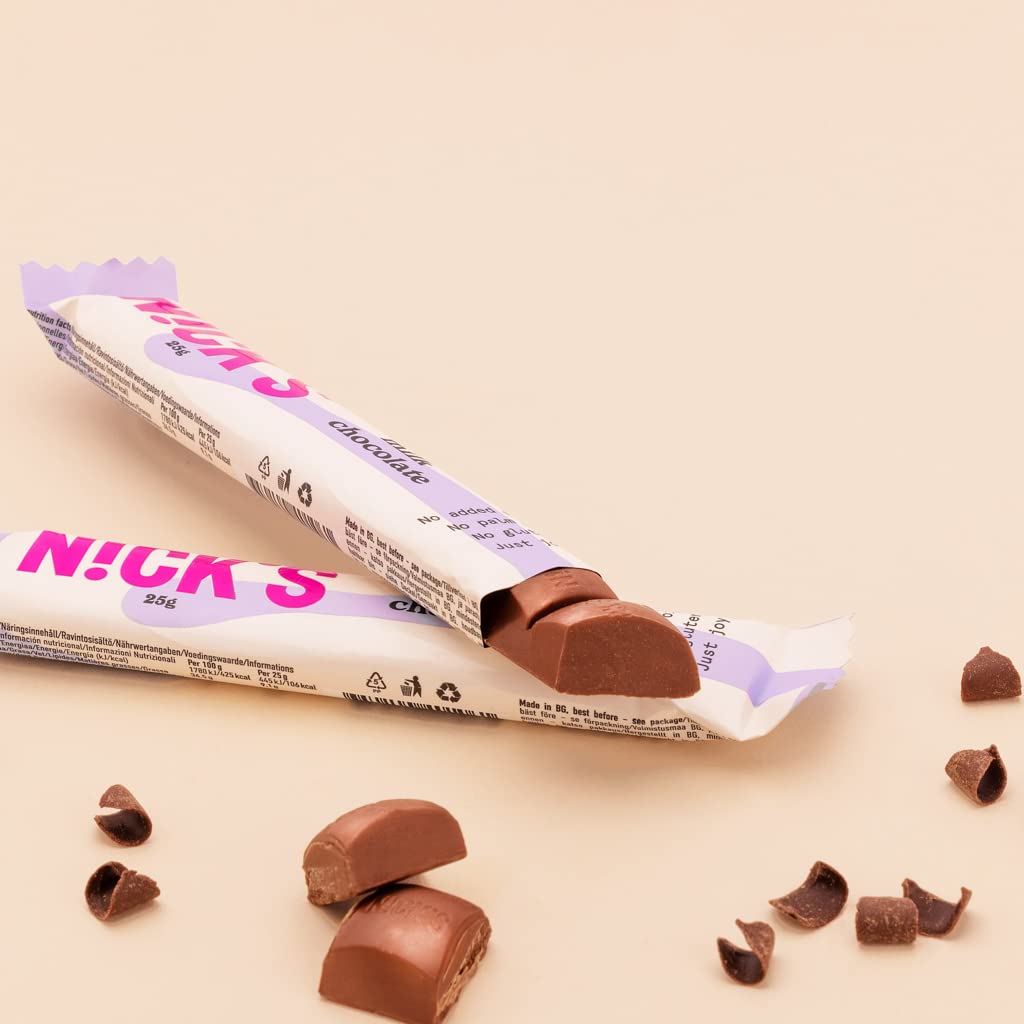 Nicks Milk Chocolate Keto barer uten tilsatt sukker, 112 kcal, 3,4g netto karbohydrater, lavkarbo -søtsaker, glutenfri snackbar (15x25g)