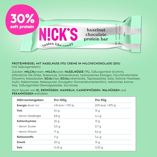 Nicks proteinstangblanding, keto proteinbarer lavkarbo snacks uten tilsatt sukker, glutenfri | 15g protein med kollagen (9 proteinstenger x 50g)