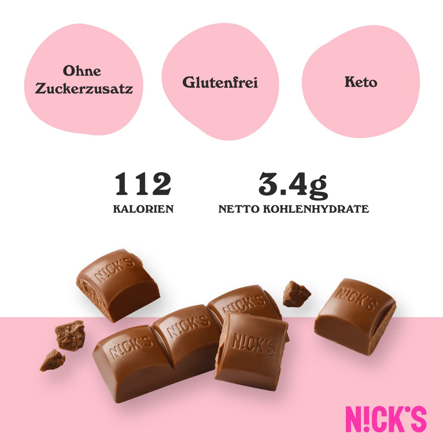 Nicks Milk Chocolate Keto barer uten tilsatt sukker, 112 kcal, 3,4g netto karbohydrater, lavkarbo -søtsaker, glutenfri snackbar (15x25g)