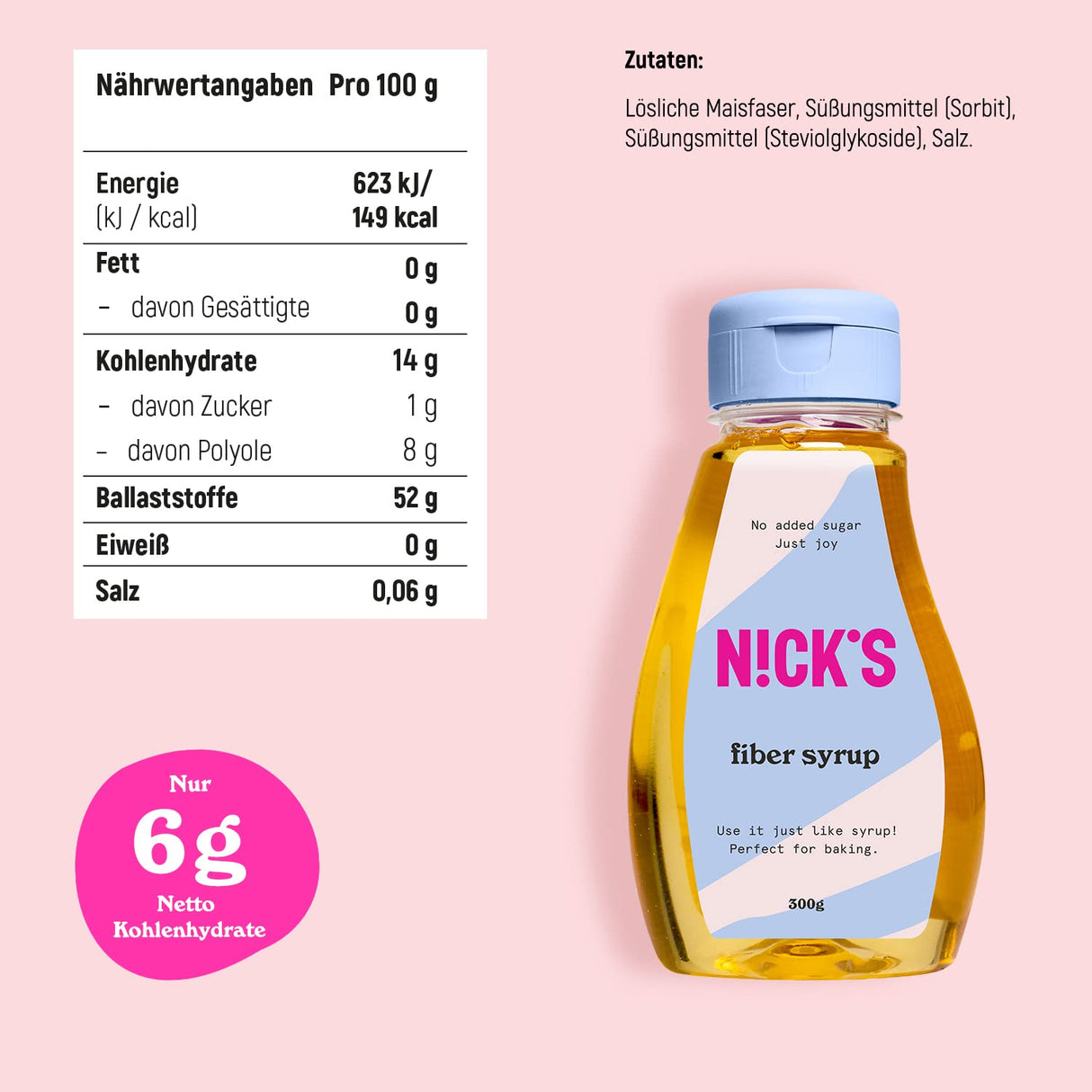 Sirop de fibre Nicks, îndulcitor keto natural cu fibră ridicată, fără zahăr adăugat, fără gluten, înlocuitor cu zahăr vegan cu carbohidrați (300g)