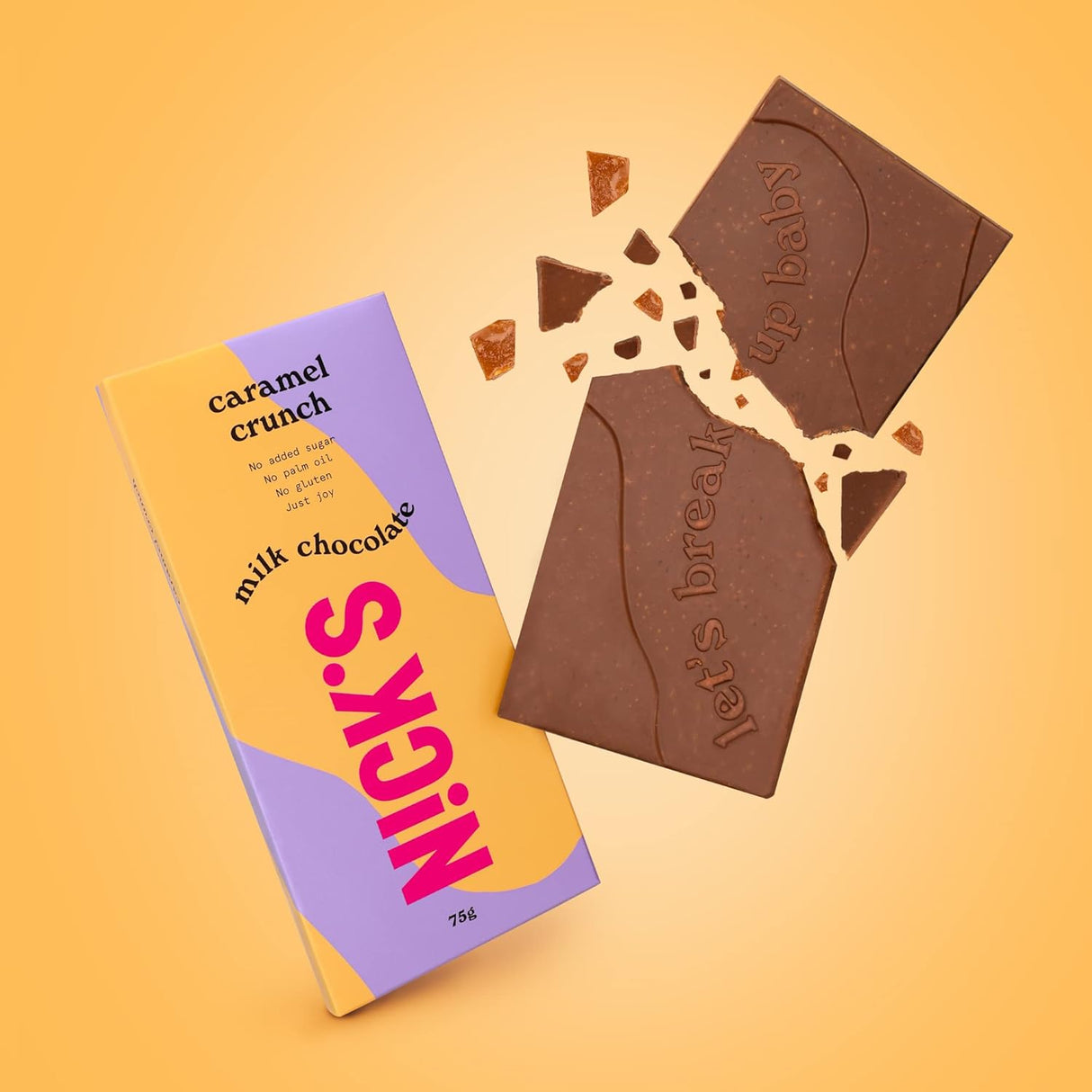 Nicks Milk Chocolate Caramel Crunch Fără zahăr adăugat, fără gluten, carbohidrați scăzute, fără ulei de palmier, bare de ciocolată keto (3x75g)