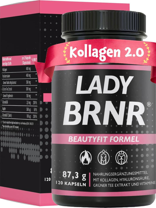 BRNR LADY BRNR - BeautyFit metabolismeformel med vitamin B6, bindevev med kobber, kollagen, høydose hyaluronsyre, biotin, 120 kapsler