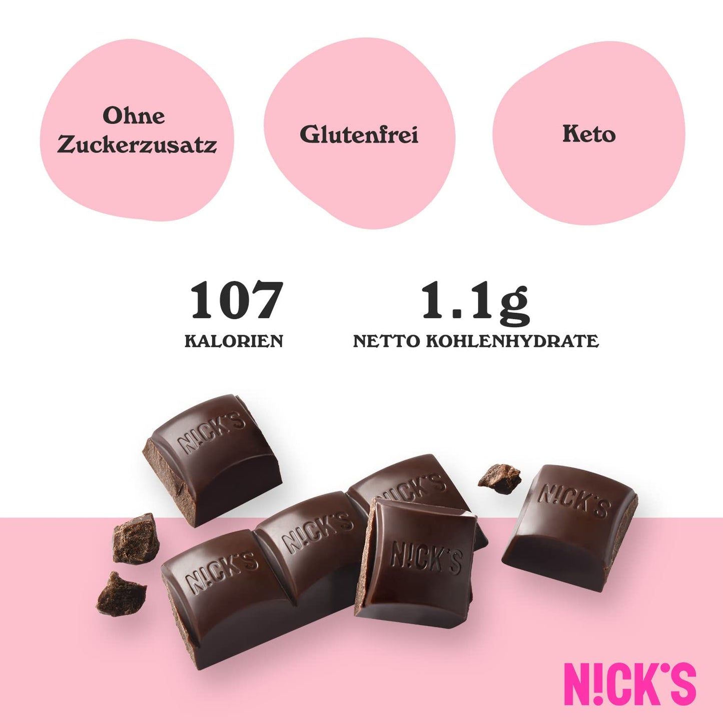 NICKS Dark Chocolate Vegan Keto Bars with no added sugar, 107 Kcal, 1.1g Net carbs, Low carb sweets, Gluten-free snack bar (15x25g)