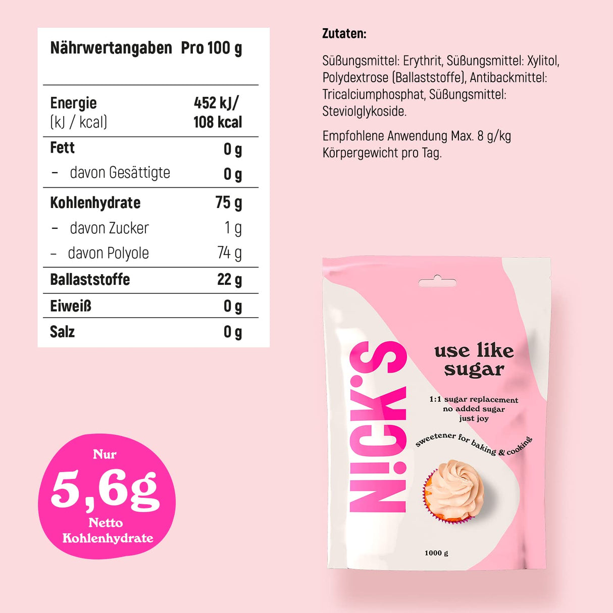 Nicks bruker som sukker, sukkererstatning med lite kaloriinnhold, perfekt lavkarbo bakingsmiddelblanding av xylitol, erythritol, stevia og polydextrose | Keto | Vegan (1 kg)