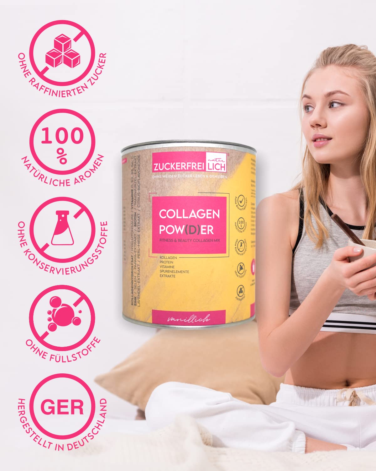 ZUCKERFREIlich Collagen Pulver kokos 240g ohne Zucker, Kollagen mit Vitaminen, zuckerfreies Protein und Spurenelementen, hochdosiert mit 7.000 mg Kollagenhydrolysat pro Portion