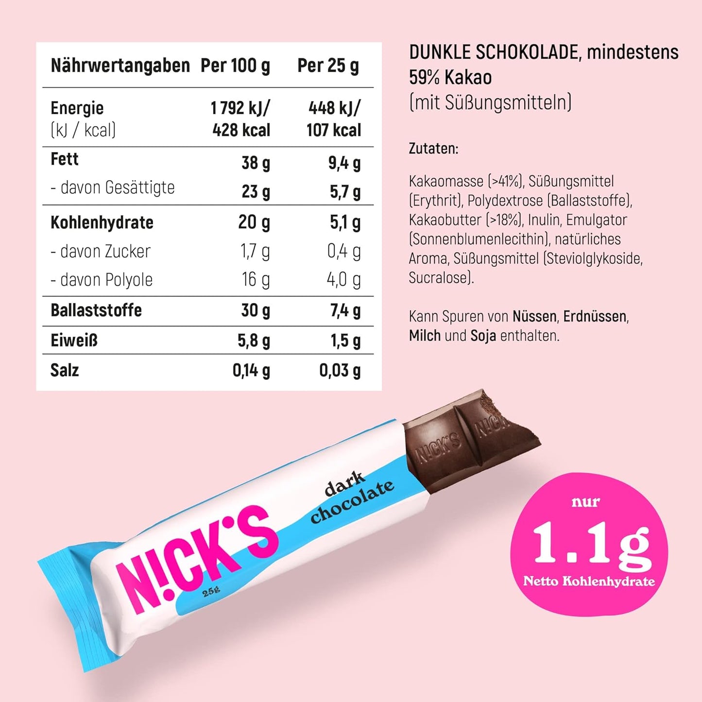 Nicks Dark Chocolate Vegan Keto-Riegel ohne Zucker, 107 kcal, 1,1 g Nettokohlenhydrate, niedrige Kohlenhydrat-Süßigkeiten, glutenfreie Snackstange (15x25 g)