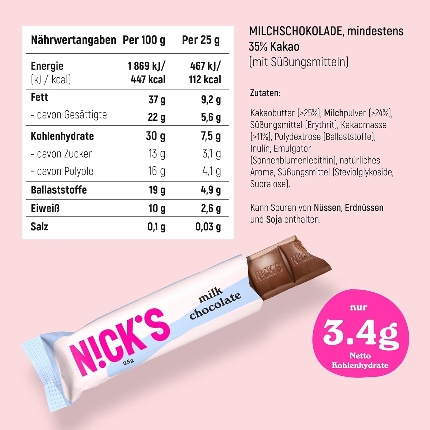 Nicks Milk Chocolate Keto barer uten tilsatt sukker, 112 kcal, 3,4g netto karbohydrater, lavkarbo -søtsaker, glutenfri snackbar (15x25g)