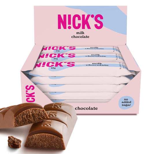 NICKS Milk Chocolate Keto Bars with no added sugar, 112 Kcal, 3.4g net carbohydrates, Low carb sweets, Gluten free snack bar (15x25g)