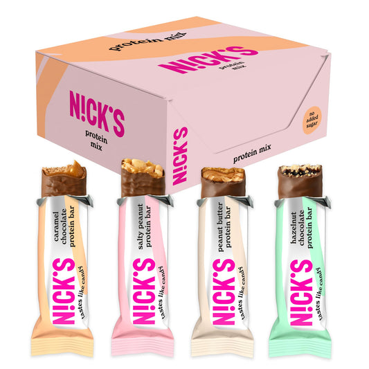 Nicks Protein Bar Mix, Keto Protein Bars Low Carb Snacks uden tilsat sukker, glutenfri | 15 g protein med kollagen (9 proteinstænger x 50g)