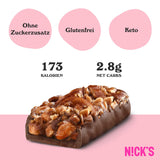 Nicks Keto Bar Crunch di mandorle, barre di mandorle al cioccolato vegano, 173 calorie, 2,8 carboidrati netti, senza zucchero aggiunto, glutine senza glutine, dolci a basso contenuto di carboidrati (12x40g)