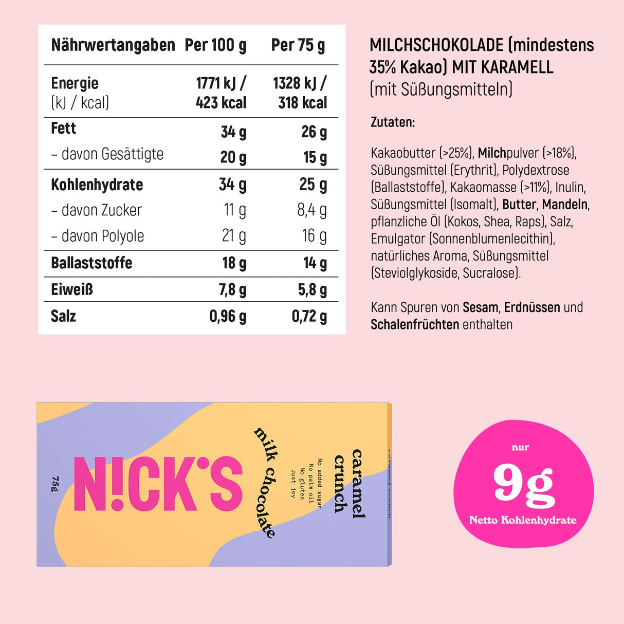 Nicks Milk Chocolate Caramel Crunch Fără zahăr adăugat, fără gluten, carbohidrați scăzute, fără ulei de palmier, bare de ciocolată keto (3x75g)