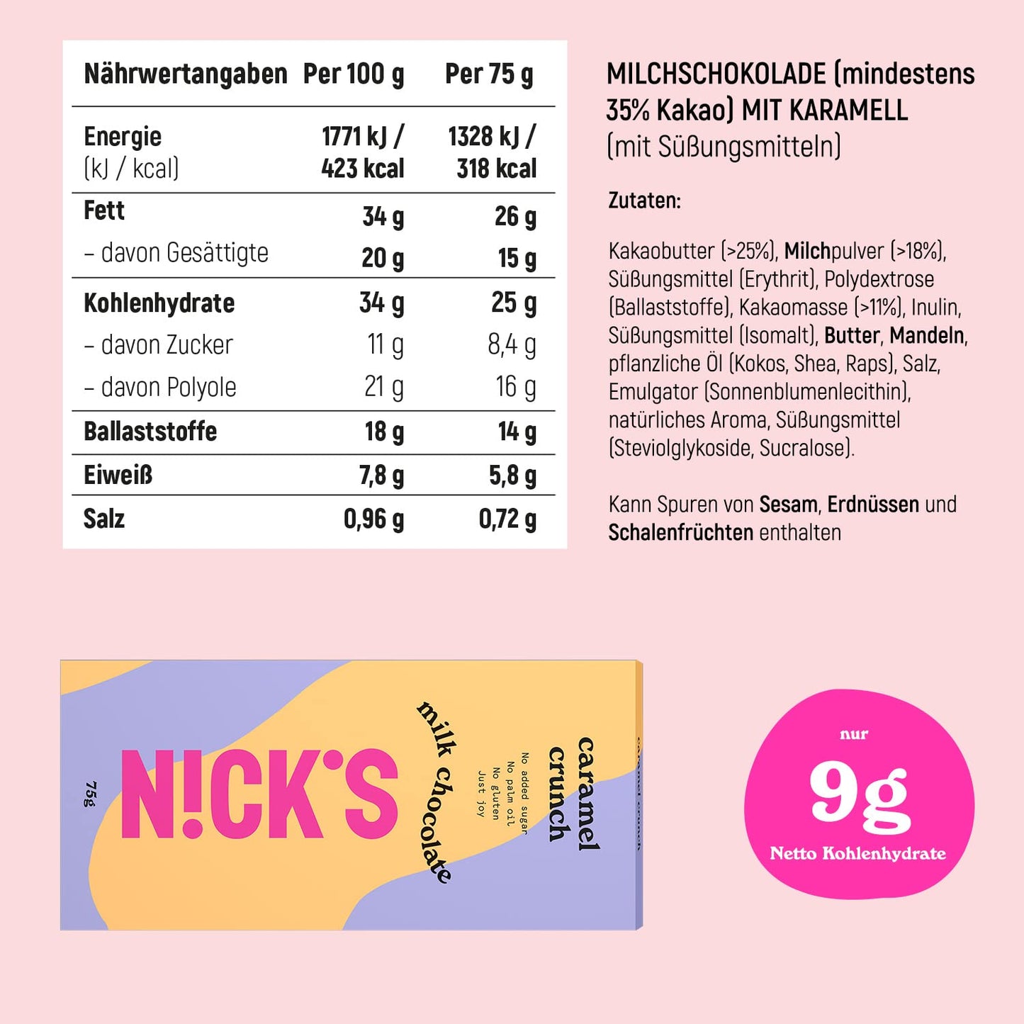 Nicks Milchschokoladenkaramell Crunch Kein Zuckerzucker, glutenfreie, niedrige Kohlenhydrate, kein Palmöl, Keto-Schokoladenstangen (3x75g)