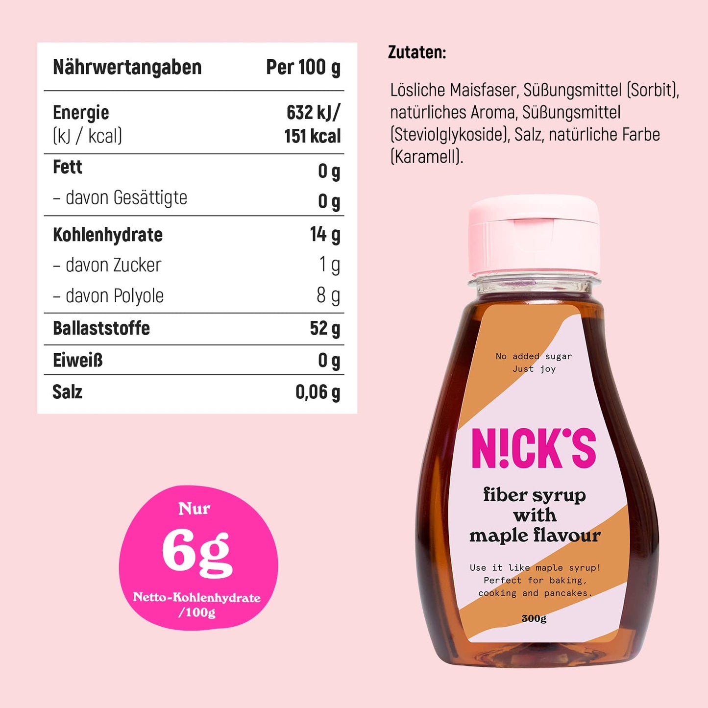 NICKS Fiber Syrup with maple flavor, Maple syrup, high fiber natural keto sweetener with no added sugar, Gluten free, Low carb Vegan sugar substitute (300g)