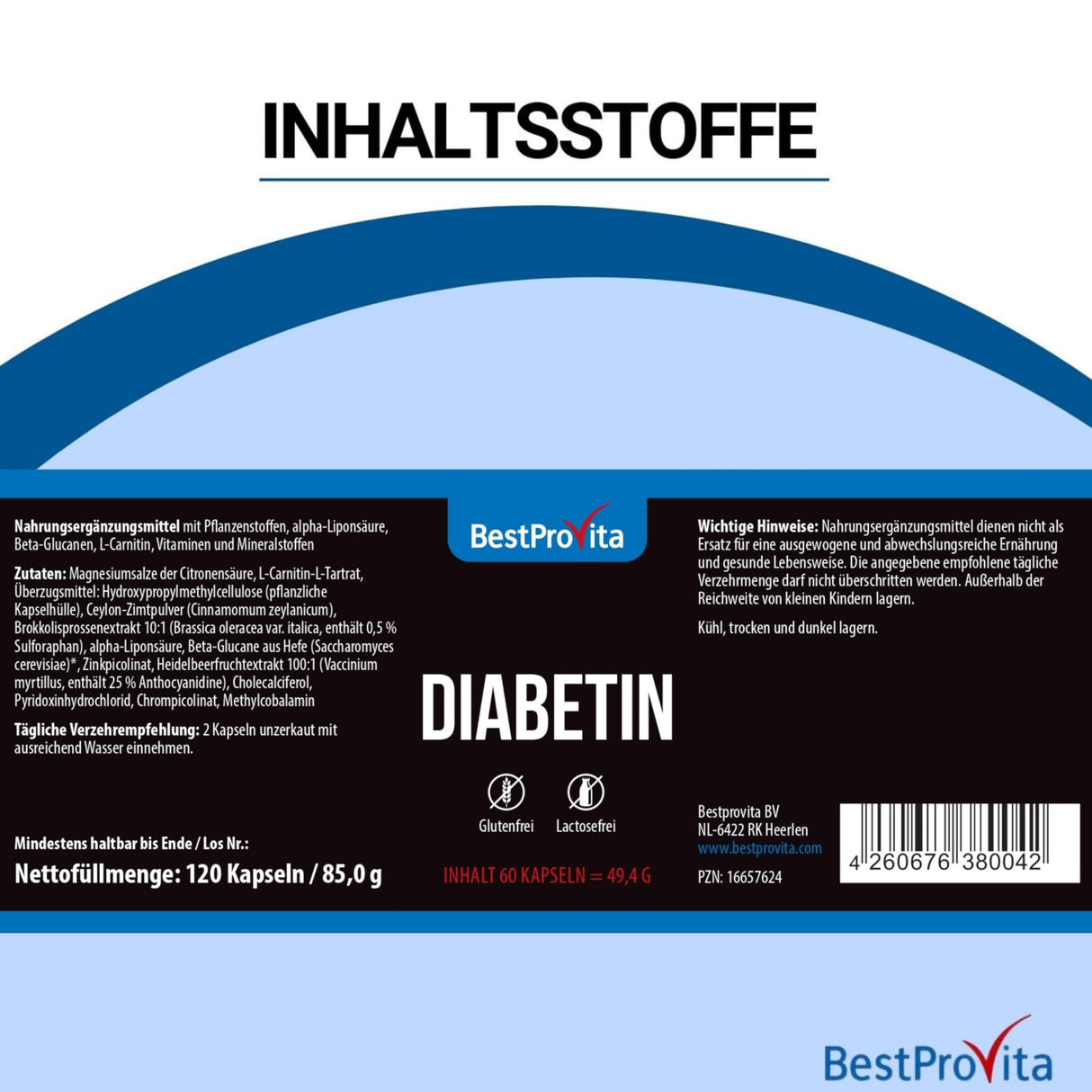 BestProvita Diabetin Capsules (3 x 60 Diabetin Capsules) - Naturlig multivitaminstøtte for type 2 Diabetes, blodsukker senking og diabetes -vitaminer