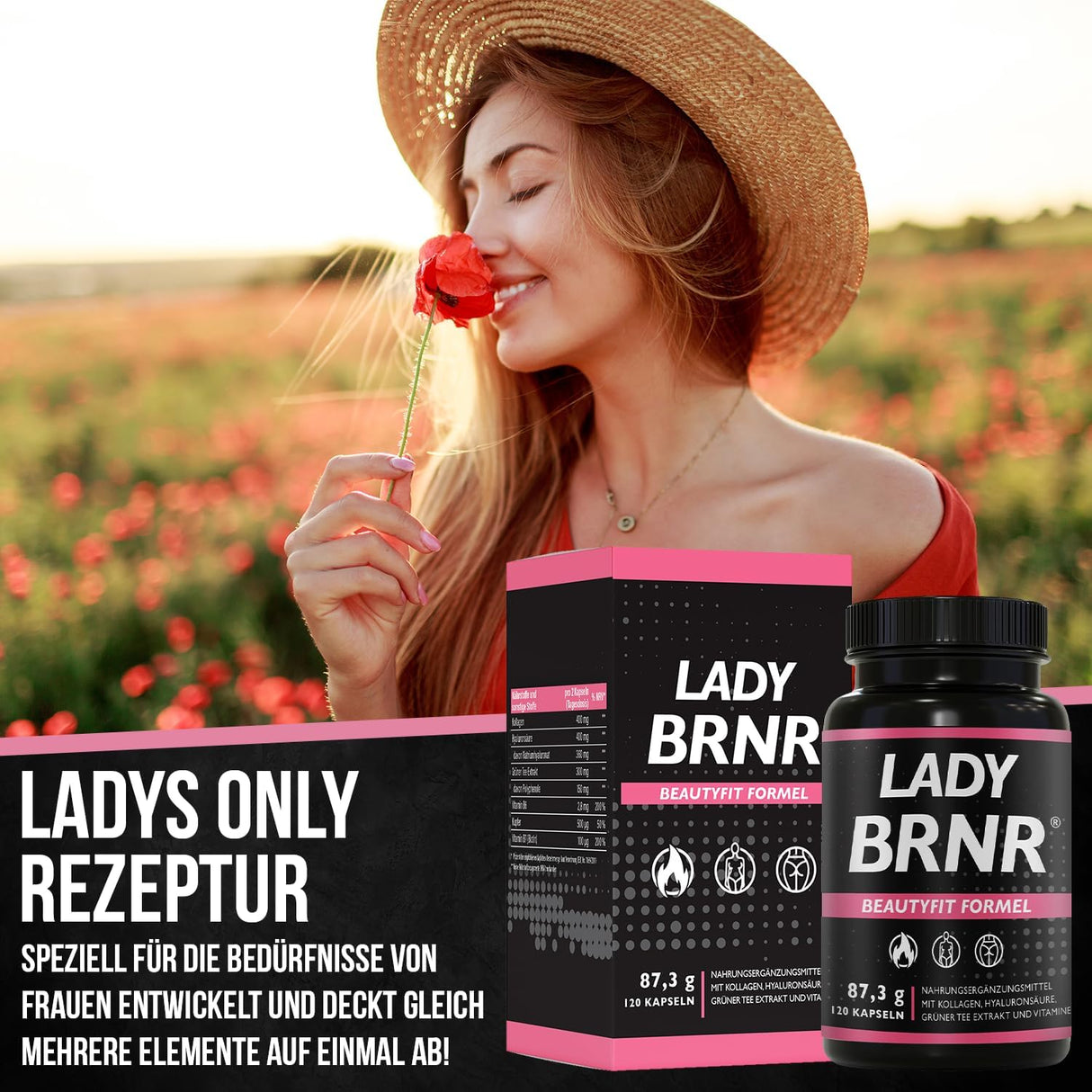 BRNR LADY BRNR - Fórmula de metabolismo BeautyFit con vitamina B6, tejido conectivo con cobre, colágeno, ácido hialurónico en altas dosis, biotina, 120 cápsulas