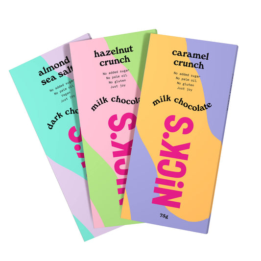 Nicks Chocolate Bars Mix uten tilsatt sukker, glutenfri, lavkarbo, ingen palmeolje, keto sjokolade (3x75g)