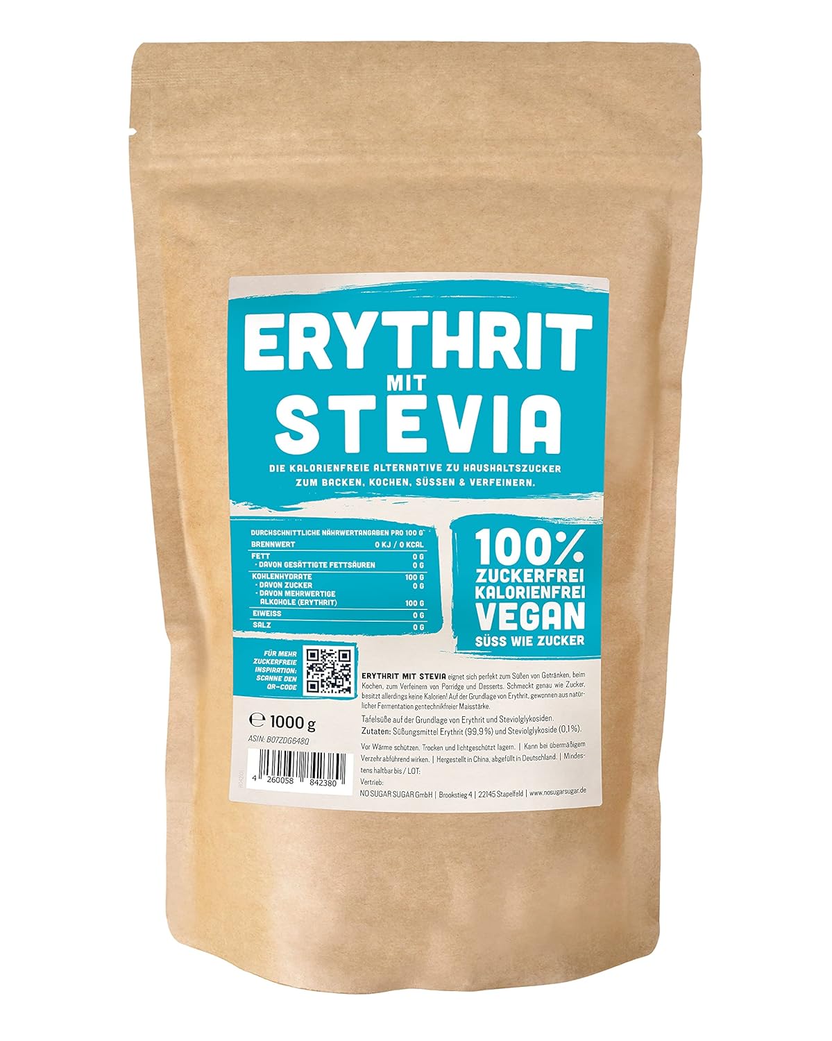 Erythritol + stevia Natural Sustitute sin calorías 1: 1 dulzura en comparación con el azúcar, sin sabor propio, alternativa saludable para cocinar, hornear, endulzar (1 kg de doypack)