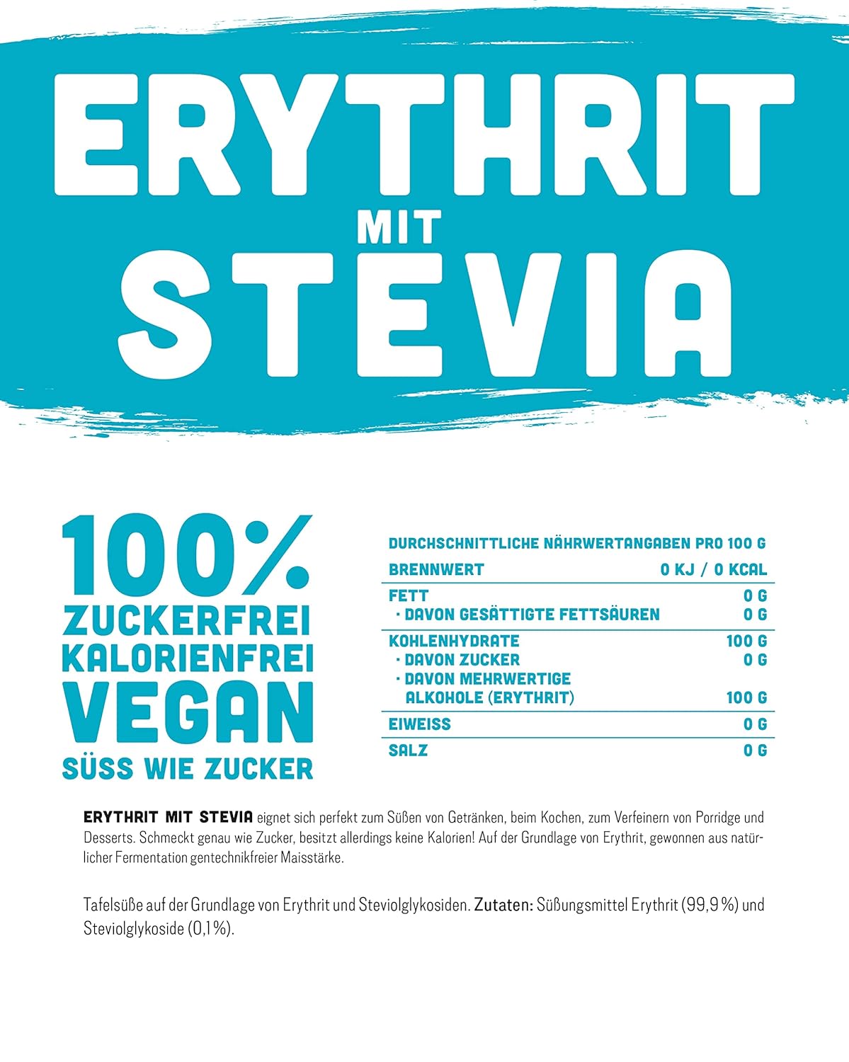 Erythritol + stevia Natural Sustitute sin calorías 1: 1 dulzura en comparación con el azúcar, sin sabor propio, alternativa saludable para cocinar, hornear, endulzar (1 kg de doypack)