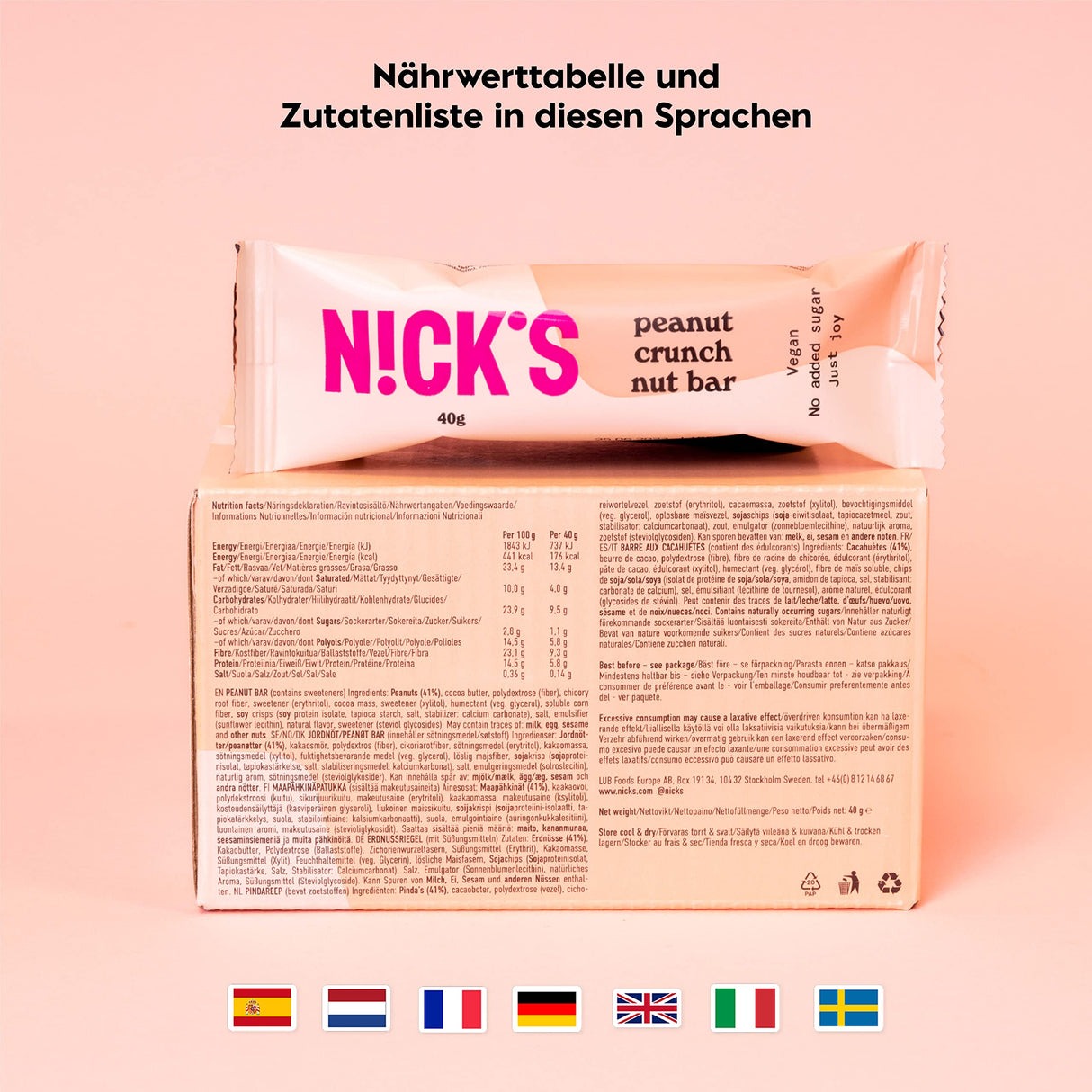 Nicks Keto Bar Crunch di mandorle, barre di mandorle al cioccolato vegano, 173 calorie, 2,8 carboidrati netti, senza zucchero aggiunto, glutine senza glutine, dolci a basso contenuto di carboidrati (12x40g)