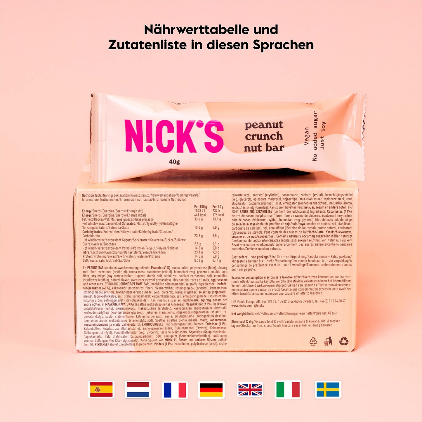 Nicks Keto Bar Almond Crunch, vegansk sjokolade mandel nøttestang, 173 kalorier, 2,8 netto karbohydrater, ingen tilsatt sukker, glutenfritt, lavkarbohydrater (12x40g)