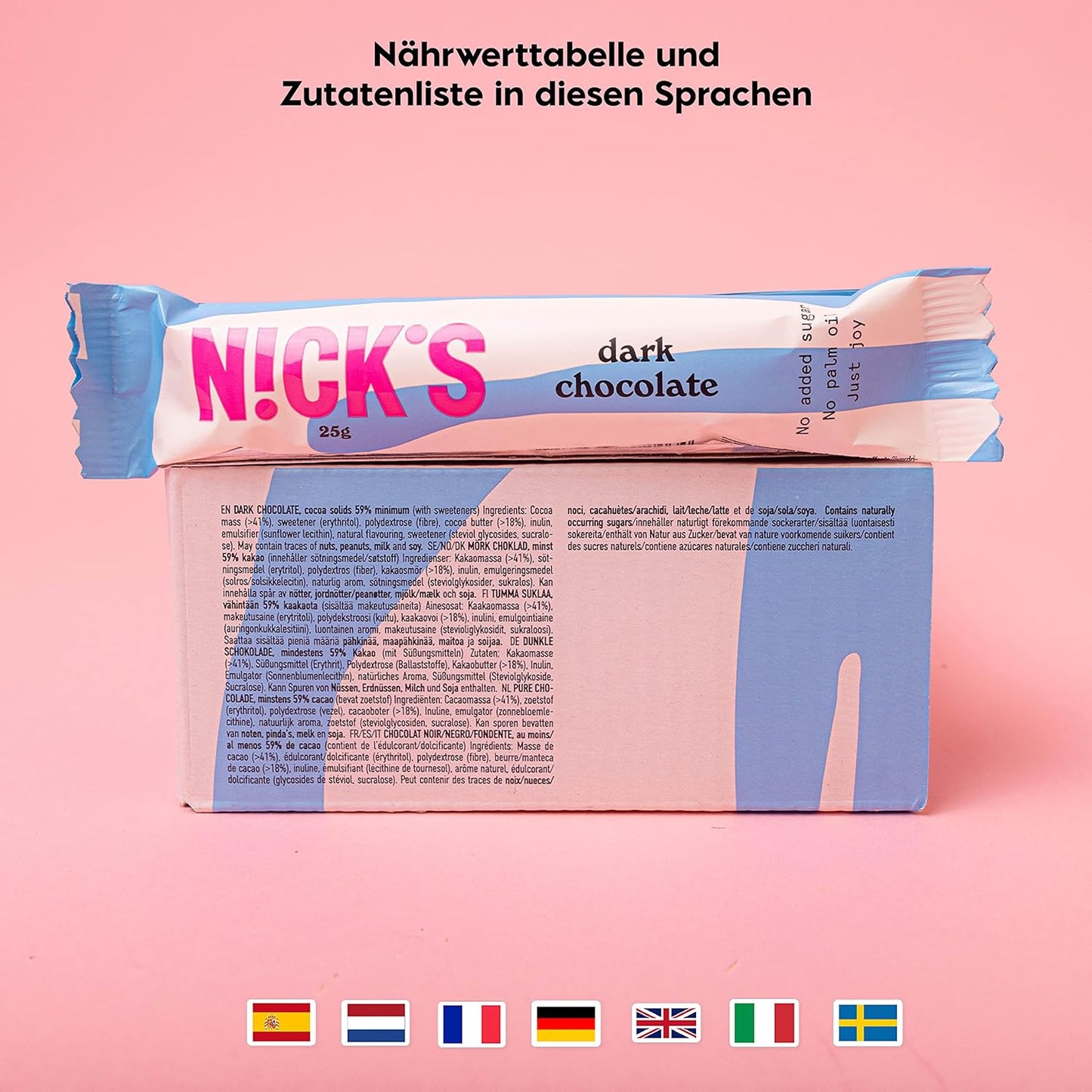 Nicks mörk choklad vegan keto barer utan tillsatt socker, 107 kcal, 1,1 g nettokolhydrater, lågkolhydrat godis, glutenfri snackbar (15x25g)