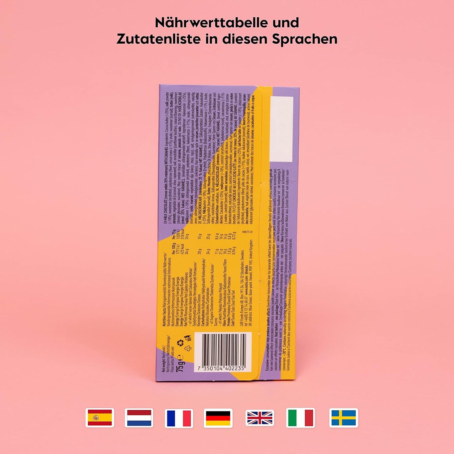 Nicks Milchschokoladenkaramell Crunch Kein Zuckerzucker, glutenfreie, niedrige Kohlenhydrate, kein Palmöl, Keto-Schokoladenstangen (3x75g)