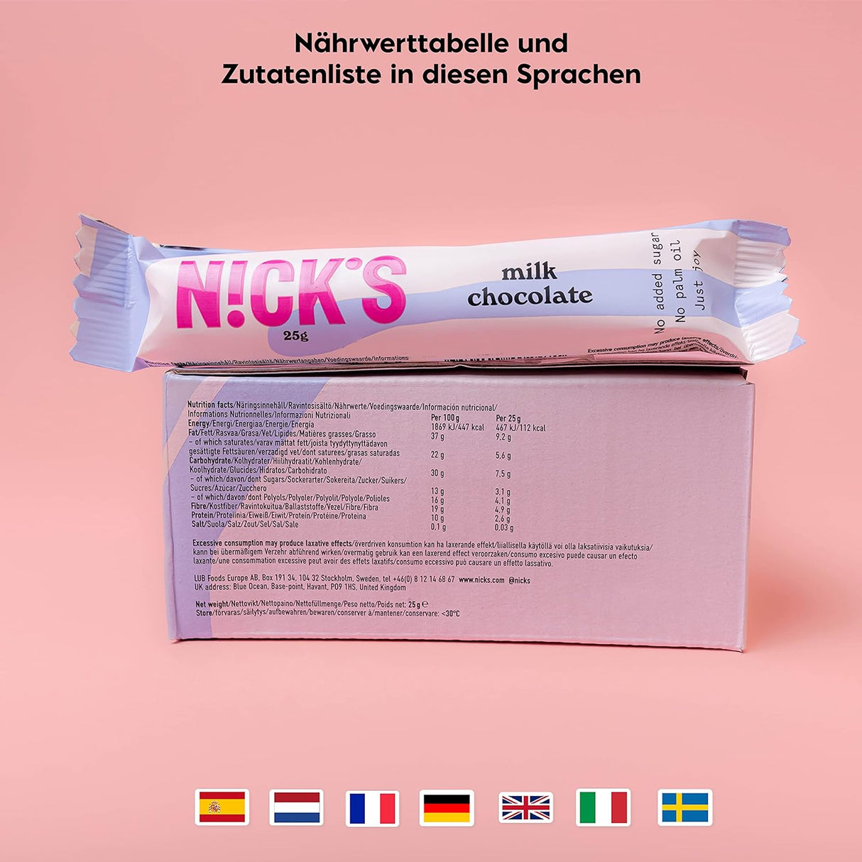 NICKS Milk Chocolate Keto Bars with no added sugar, 112 Kcal, 3.4g net carbohydrates, Low carb sweets, Gluten free snack bar (15x25g)