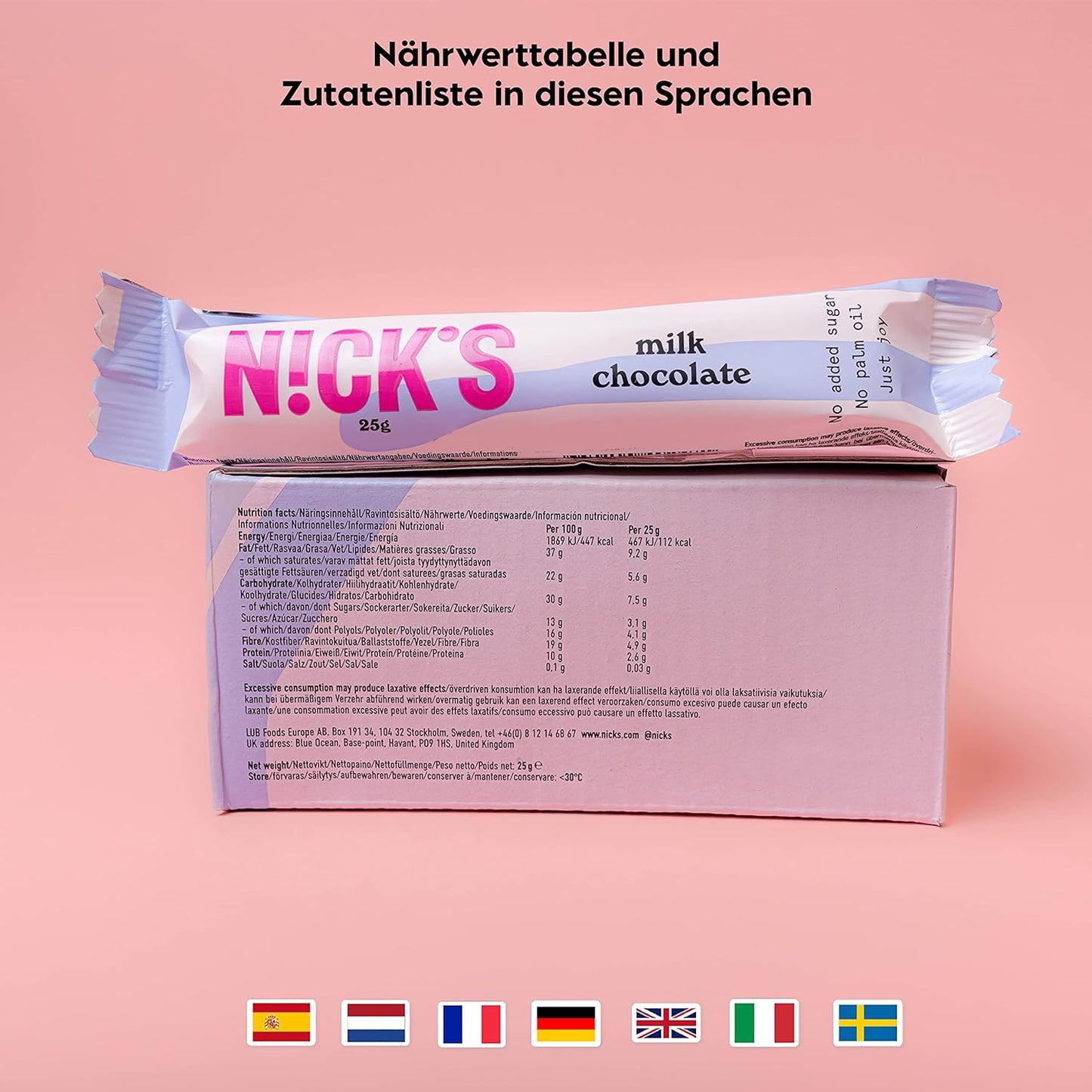 Nicks Milk Chocolate Keto barer uten tilsatt sukker, 112 kcal, 3,4g netto karbohydrater, lavkarbo -søtsaker, glutenfri snackbar (15x25g)