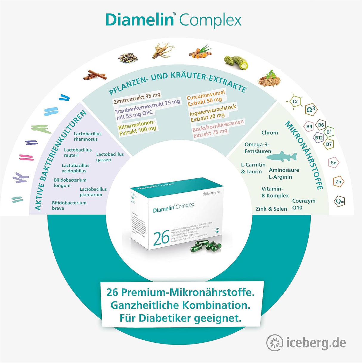 Complejo de diamelina: suplemento dietético para un nivel normal de azúcar en la sangre con cromo también adecuado para diabéticos: 26 vitaminas y micronutrientes como OPC, canela, jengibre, bacterias intestinales importantes