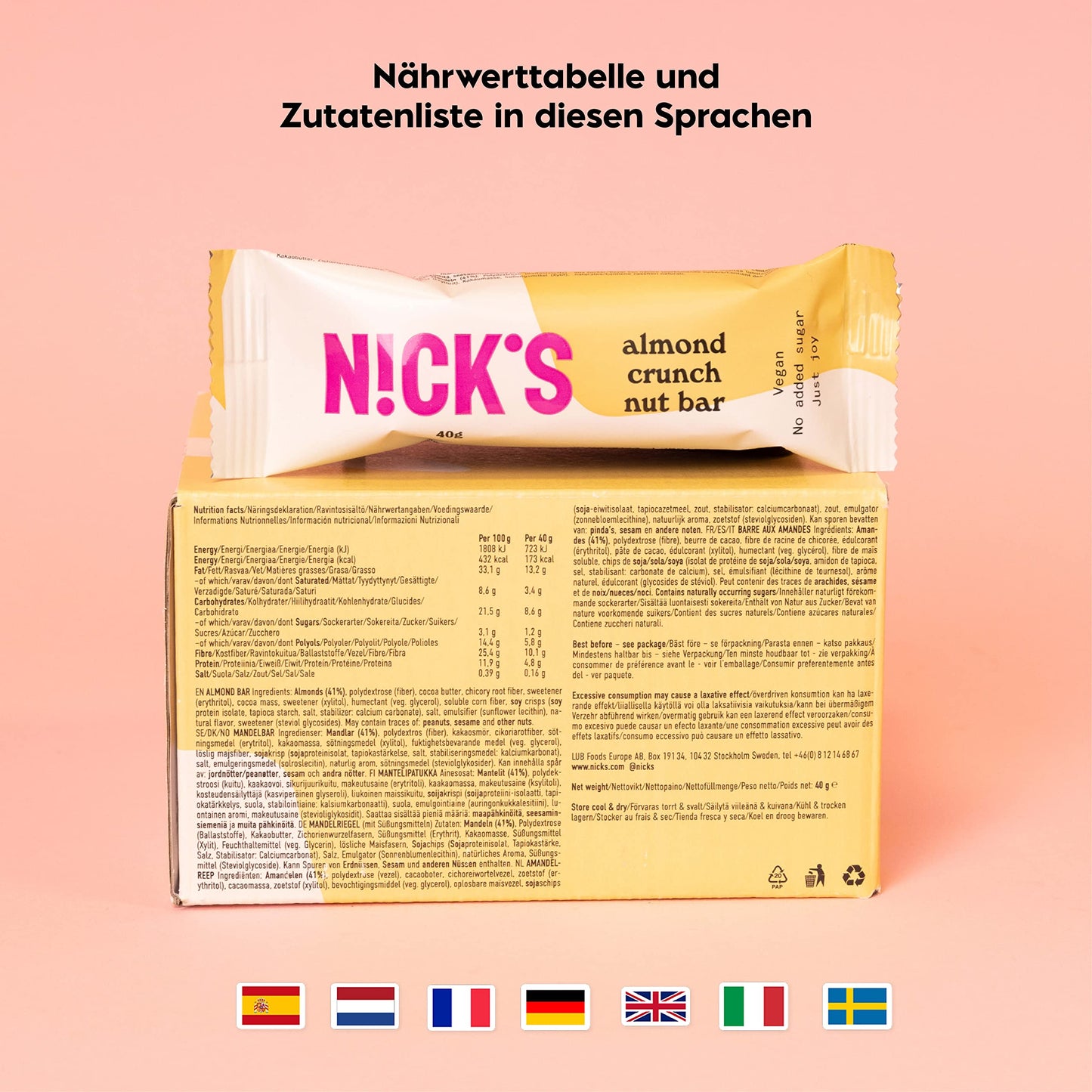 Nicks Keto Bar Almond Crunch, barra de nuez de almendras de chocolate vegano, 173 calorías, 2.8 carbohidratos netos, sin azúcar agregada, dulces sin gluten, bajos carbohidratos (12x40 g)