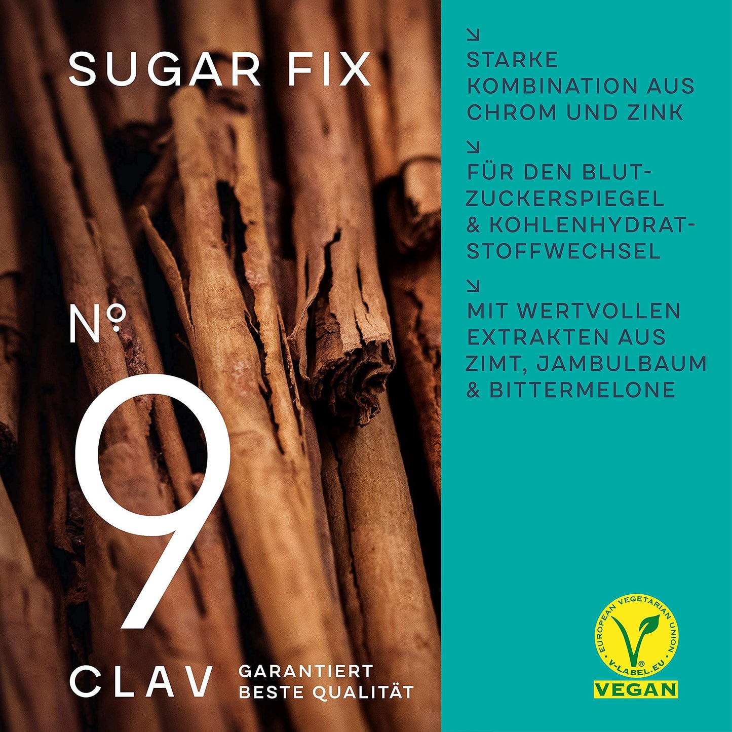 CLAV® N°9 SUGAR FIX - Kanelkapsler med 400mg kanelekstrakt, 40μg krom og 10mg sink per daglig dose pluss betaglukan, jambultre og bitter melon - blodsukkerbalanse - 60 kapsler - vegansk